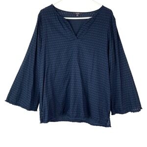 NYDJ Navy Blue Textured Dobby Split Neck Blouse 3/4 Sleeve Size M Cotton